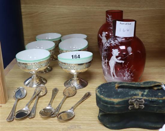 A set of six silver sundry containers, spoons and a pair of opera glasses and two Mary Gregory cranberry vases